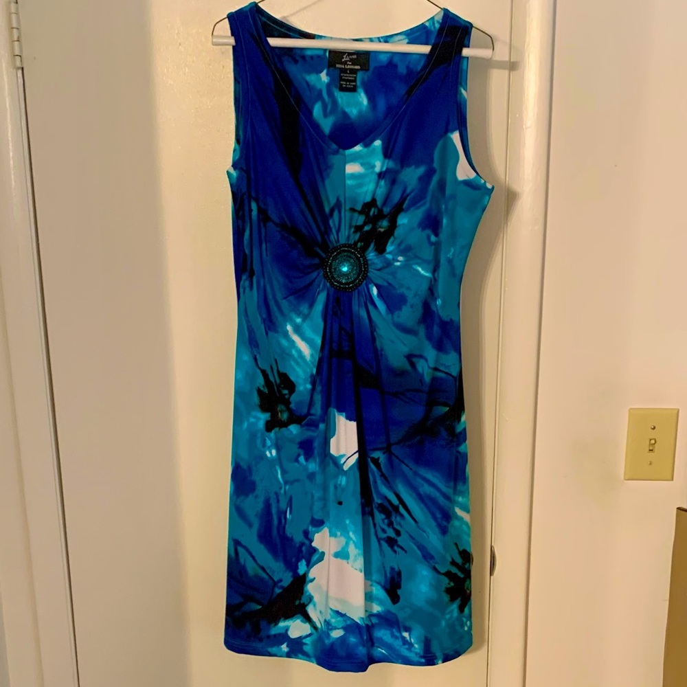 Nina Lenoard Sleeveless midi Dress Blue & turquoise marbled print Large